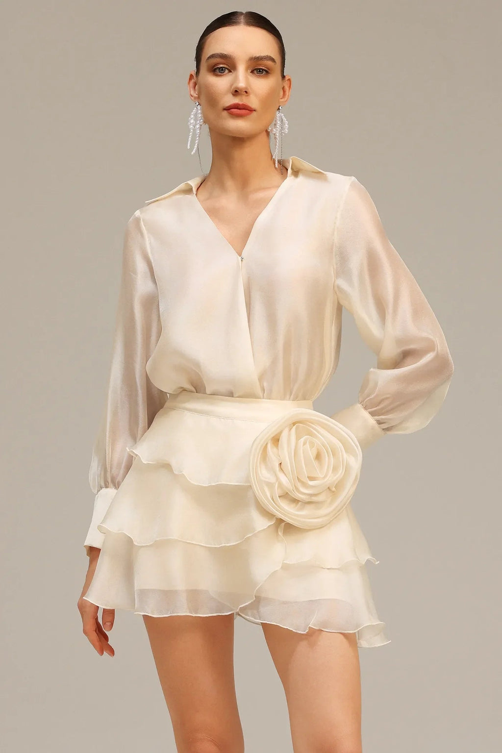 anna Wrap V-Neck Organza Shirt mini dress in apricot Avalabel