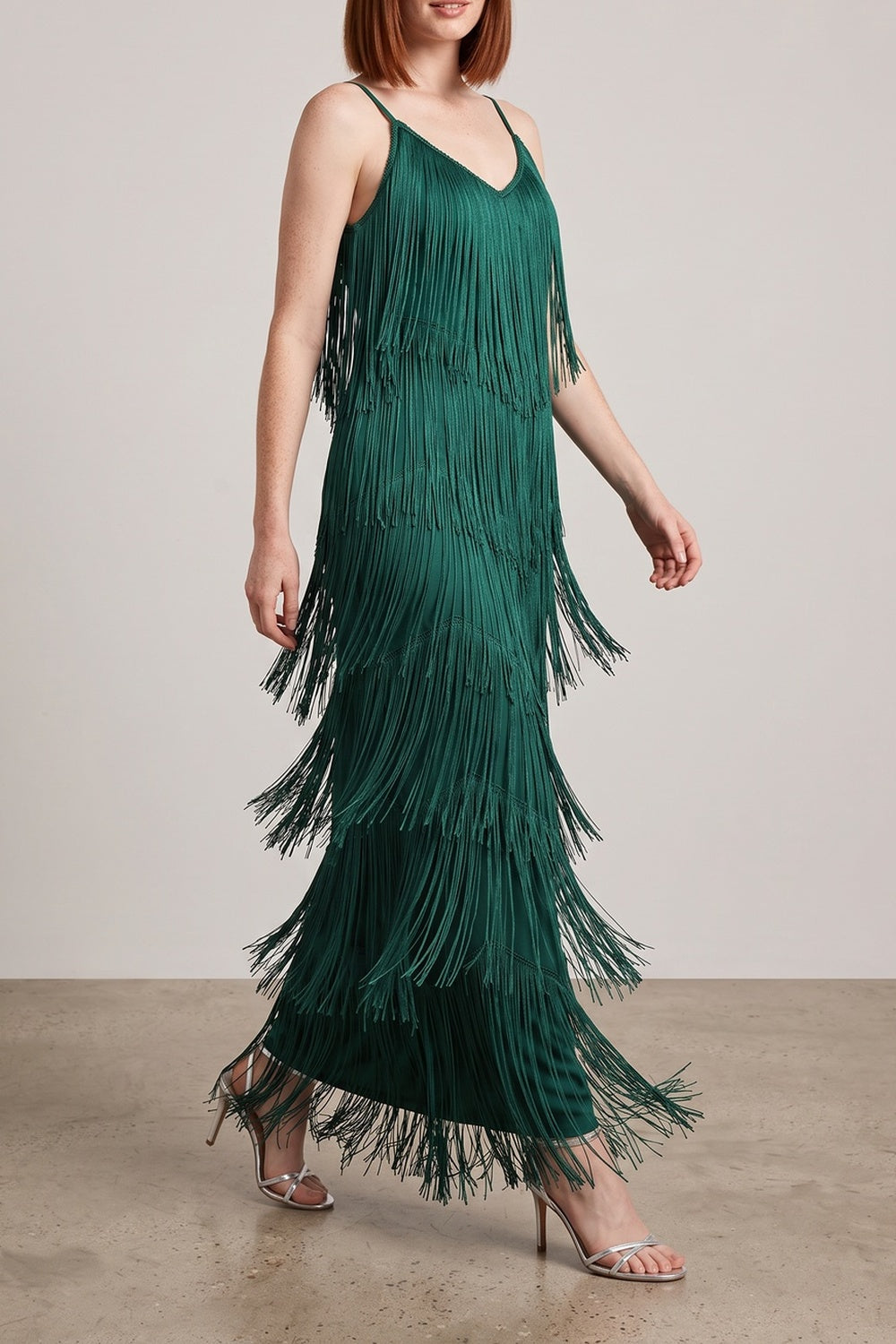 Spaghetti Strap V-Neck Layered Fringe Maxi Dress poava