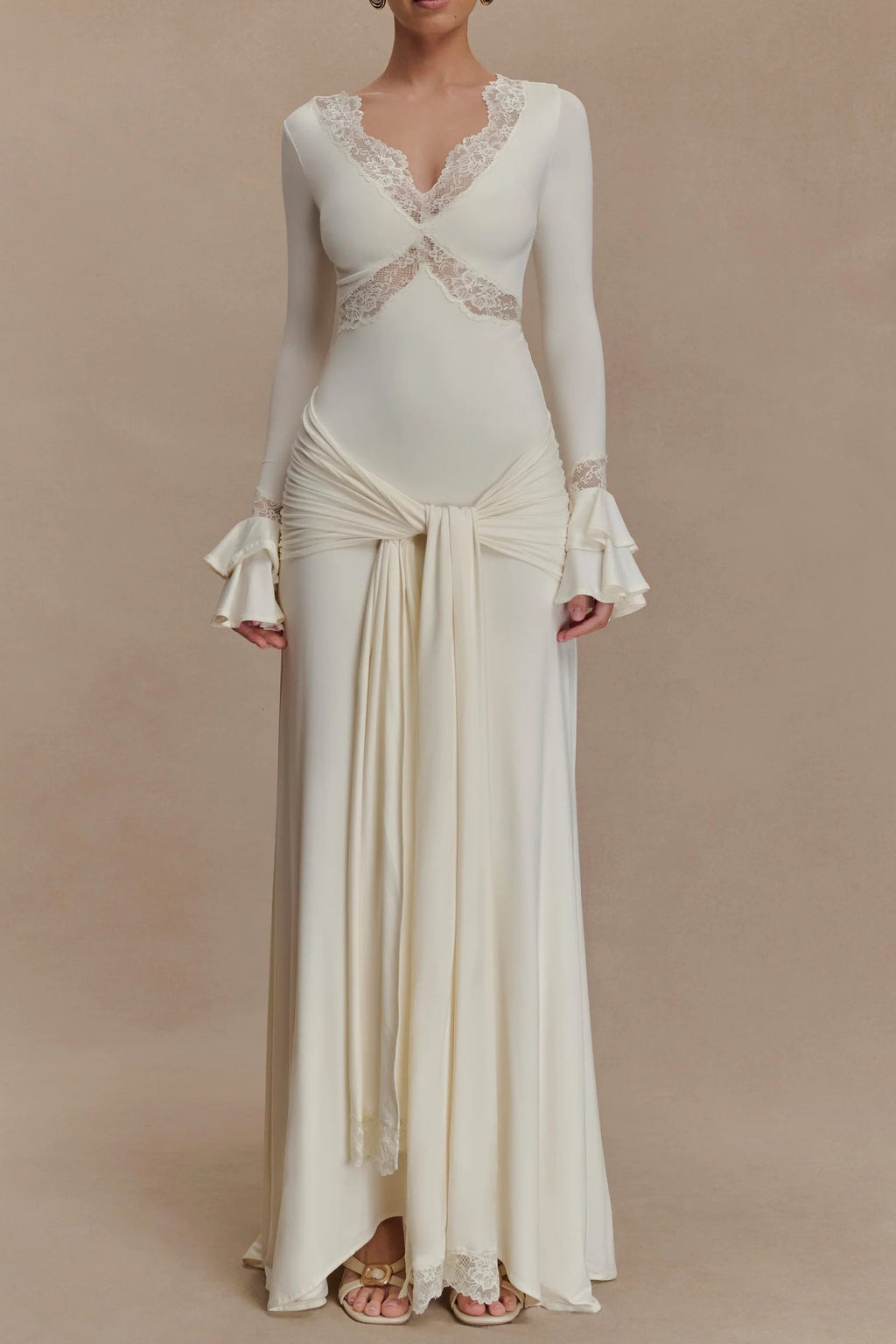 pamela V-neck lace see-through maxi dress in white Avalabel