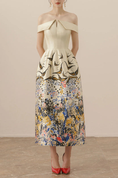 Nina Retro Floral Print Off-Shoulder Idi Dress in Apricot Avalabel