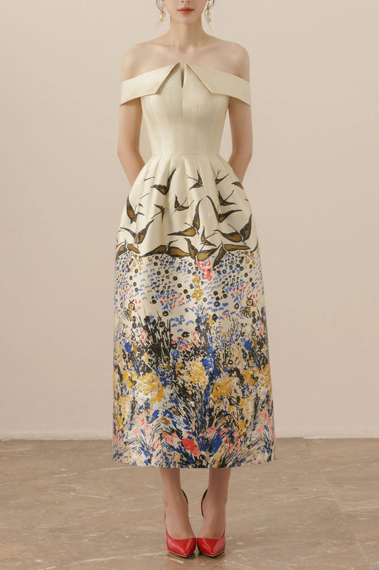 Nina Retro Floral Print Off-Shoulder Idi Dress in Apricot