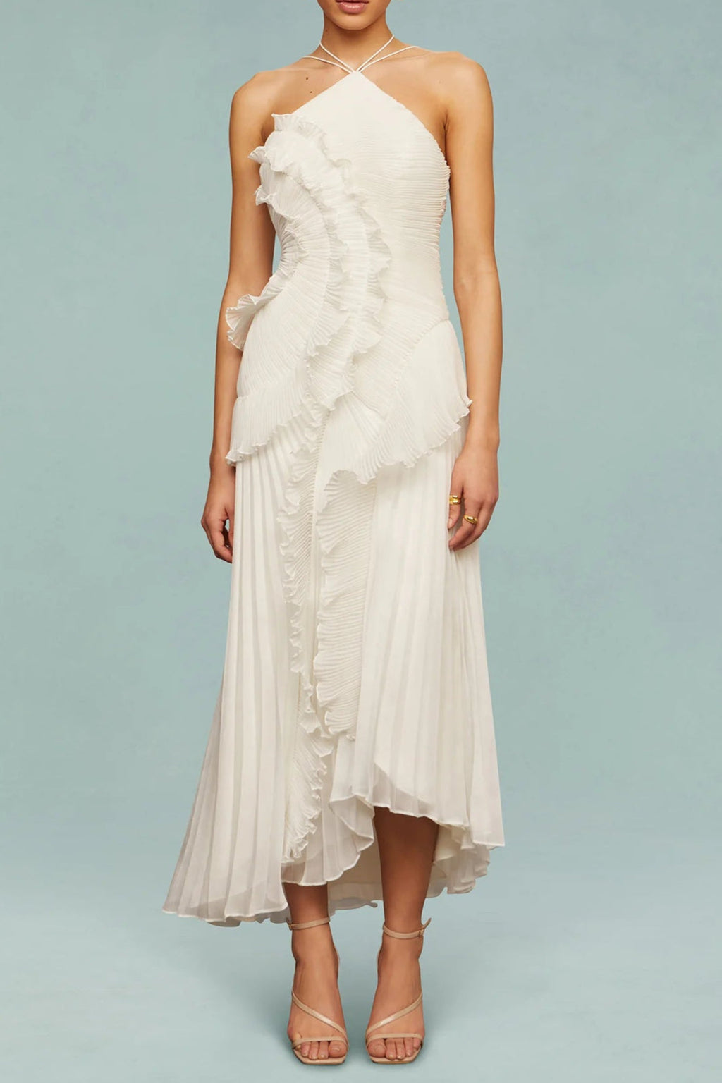 Alva Sleeveless Folds Slit Maxi Dress in Light White Avalabel