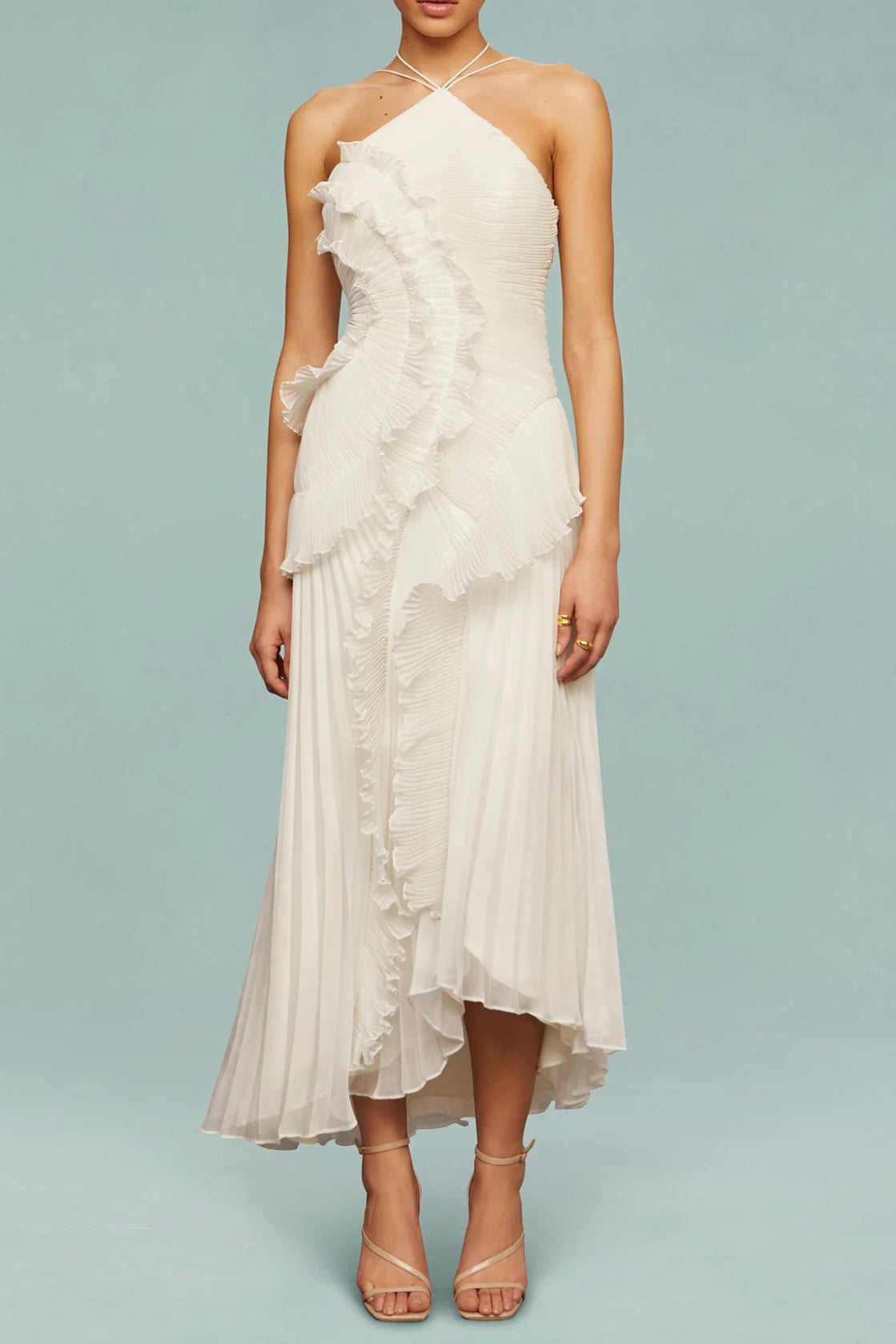 Alva Sleeveless Folds Slit Maxi Dress in Light White Avalabel
