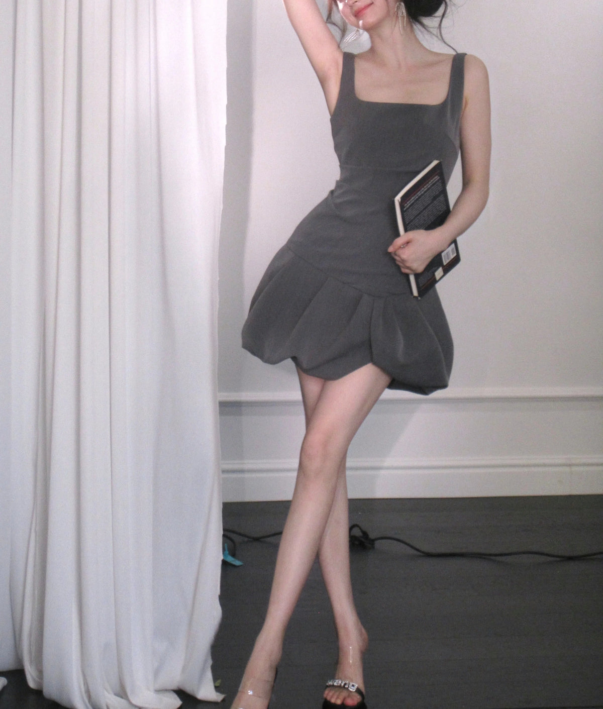 arabela square neck bud mini dress in gray Avalabel