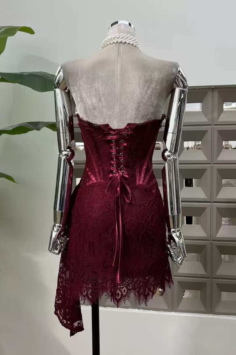 Burgundy Lace Overlay Bustier Mini Dress Avalabel