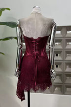 Burgundy Lace Overlay Bustier Mini Dress Avalabel