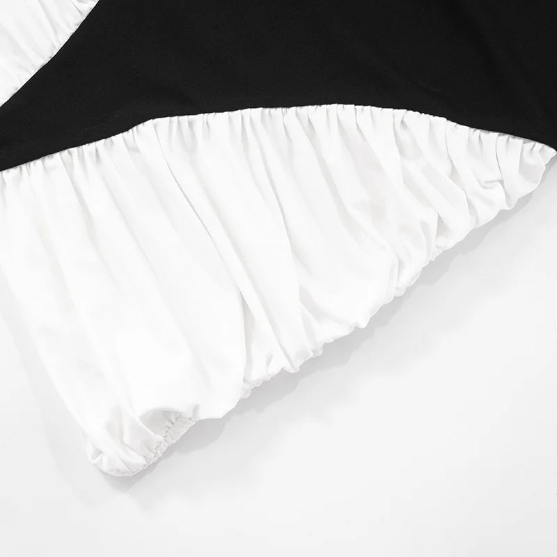 Black-White Panel Sleeveless Gathered Halter Mini Dress Avalabel
