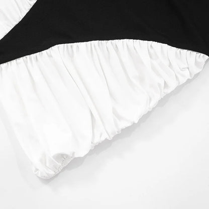 Black-White Panel Sleeveless Gathered Halter Mini Dress
