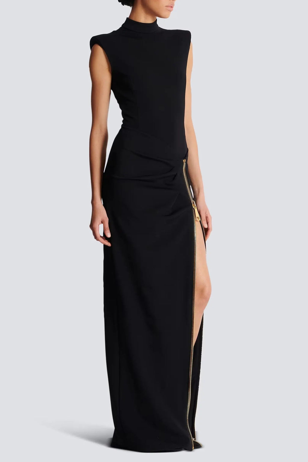 black Sleeveless Zipper high Slit Elastic jersey maxi Dress Avalabel