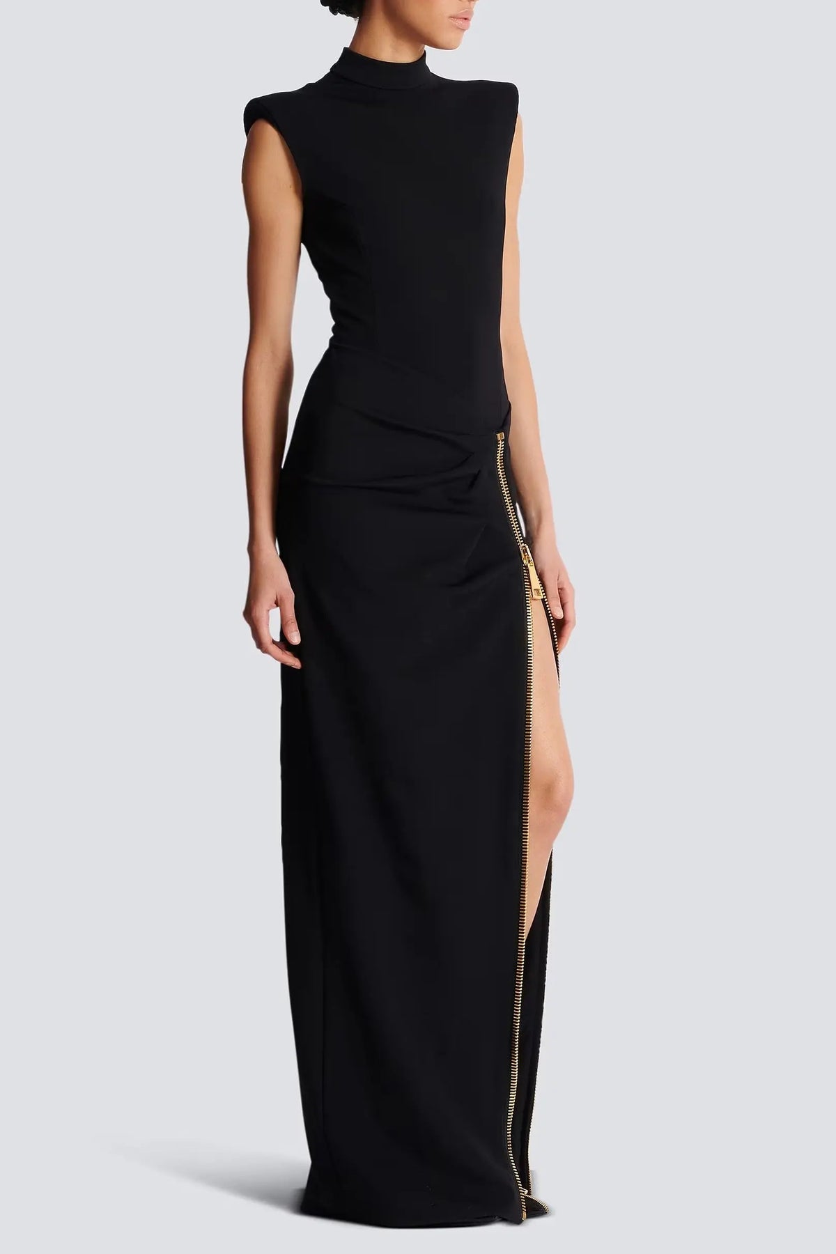black Sleeveless Zipper high Slit Elastic jersey maxi Dress Avalabel