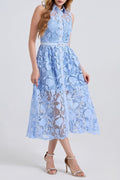 NECKLINE SLEEVELESS PINCHED WAIST MIDI DRESS IN BLUE Avalabel