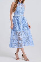 NECKLINE SLEEVELESS PINCHED WAIST MIDI DRESS IN BLUE Avalabel