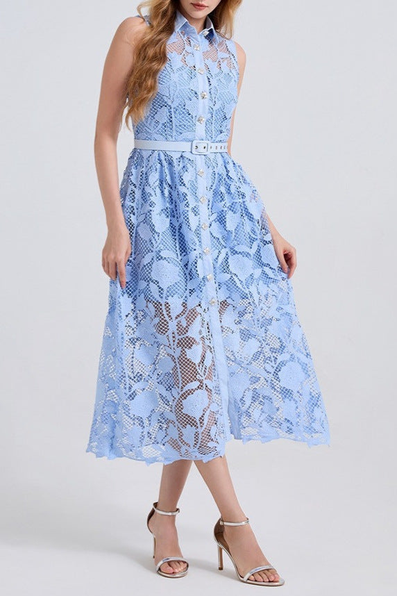 NECKLINE SLEEVELESS PINCHED WAIST MIDI DRESS IN BLUE Avalabel