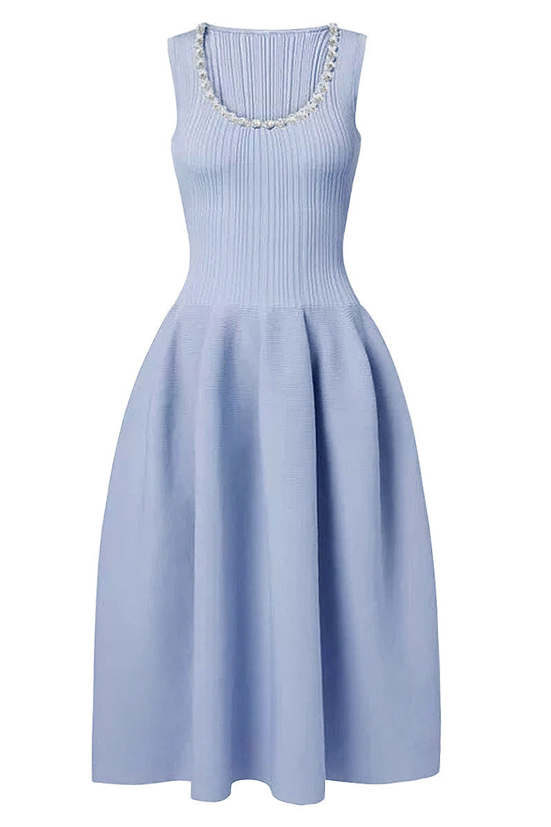 Blue Ribbed Knit Diamante Midi Dress Avalabel