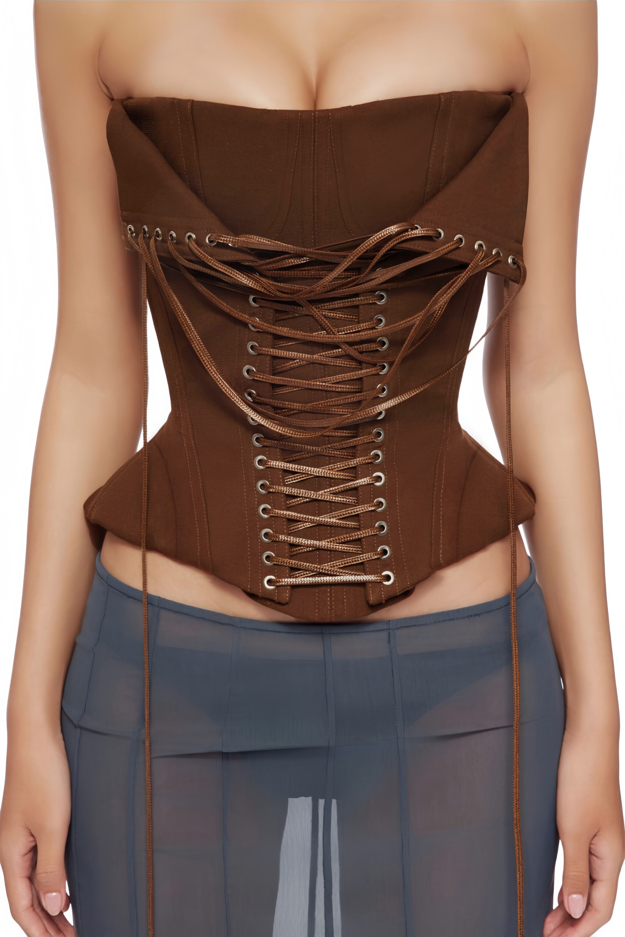 Strapless Wrap Lace-Up Back Brown Corset Top poava