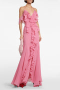 Pink Ruffle Cotton and Silk Maxi Dress Avalabel