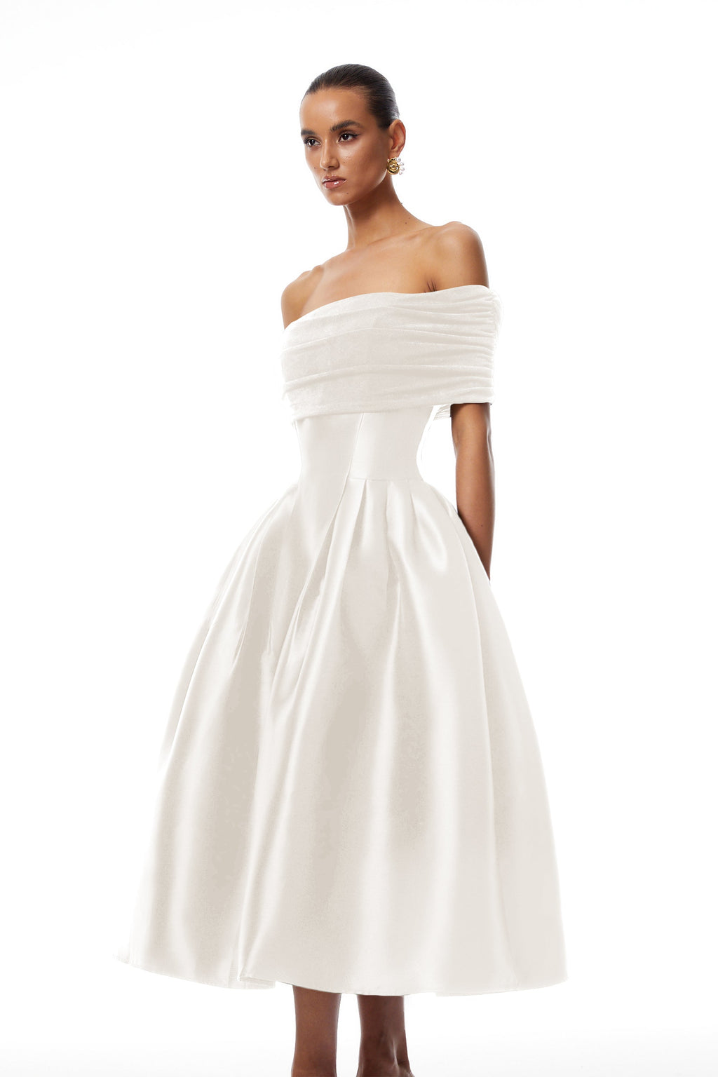 Ainara Off-the-Shoulder Satin White Midi Dress Avalabel