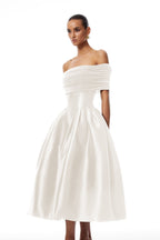Ainara Off-the-Shoulder Satin White Midi Dress Avalabel