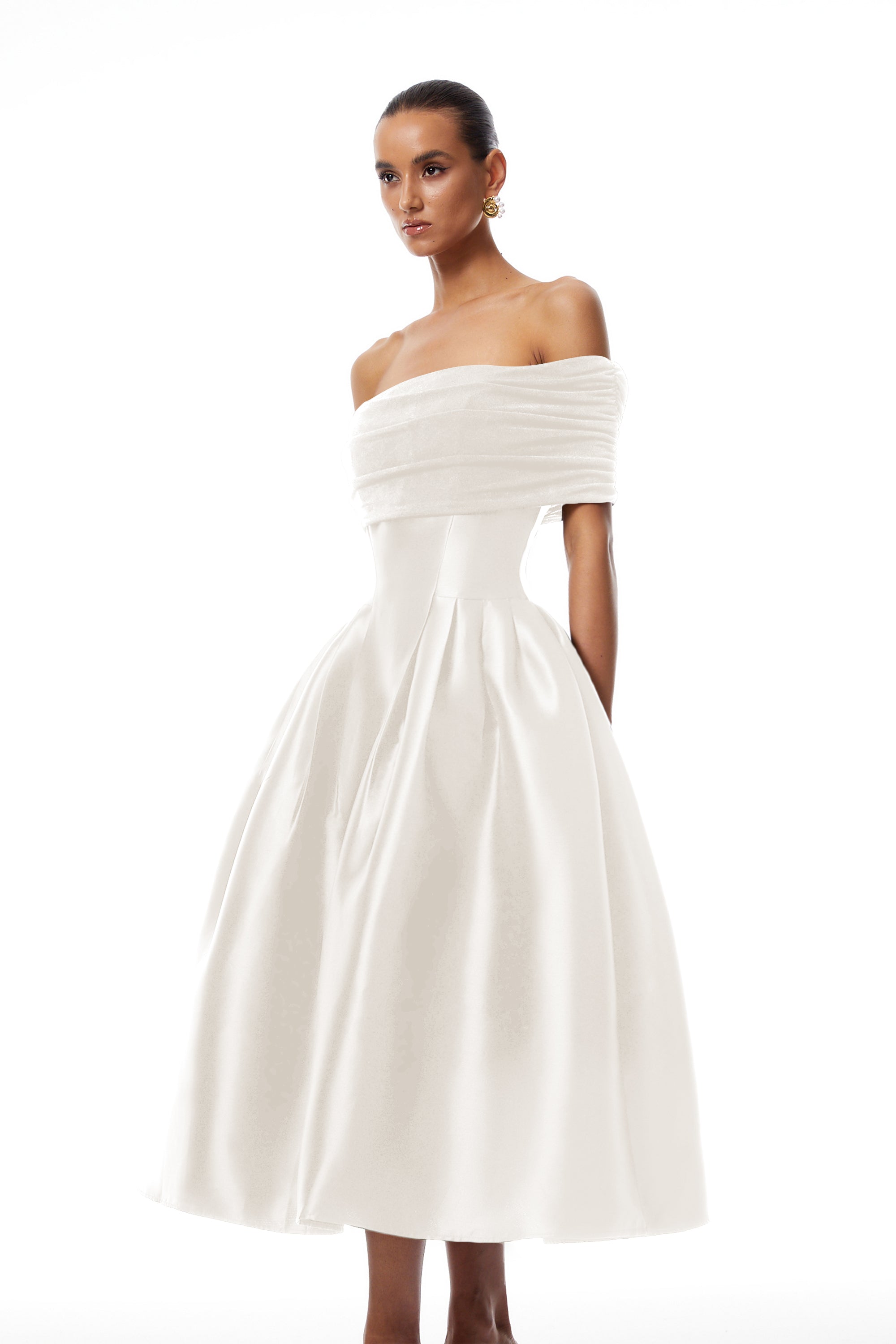 Ainara Off-the-Shoulder Satin White Midi Dress Avalabel