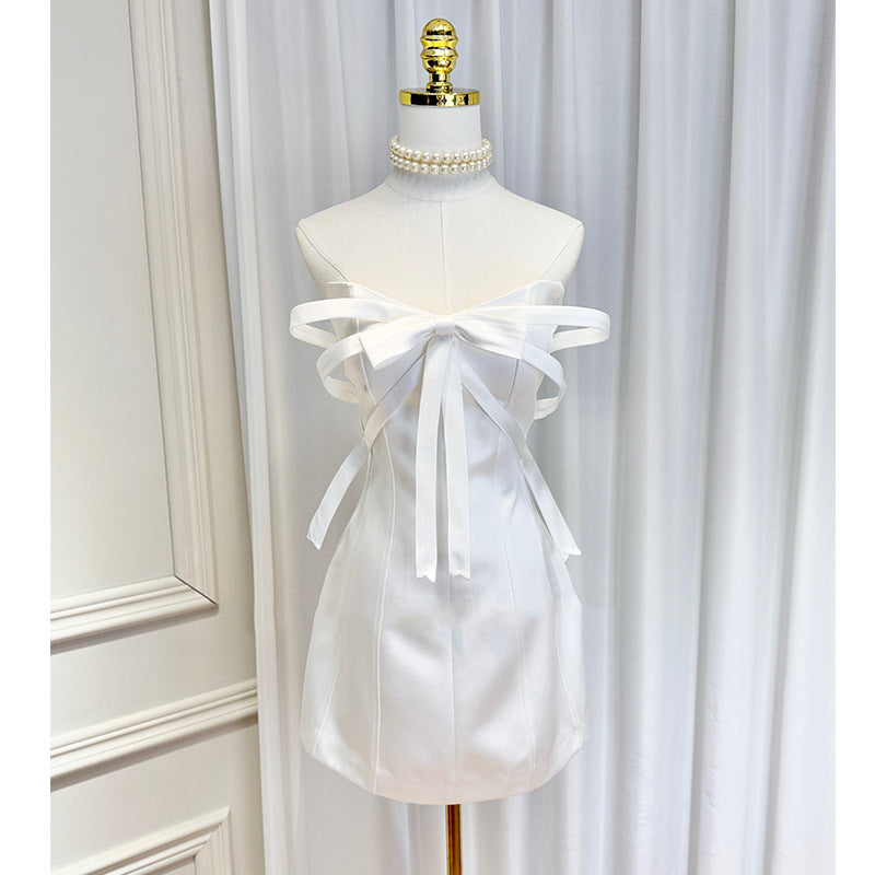 White Bow Embellished Strapless Mini Dress Avalabel