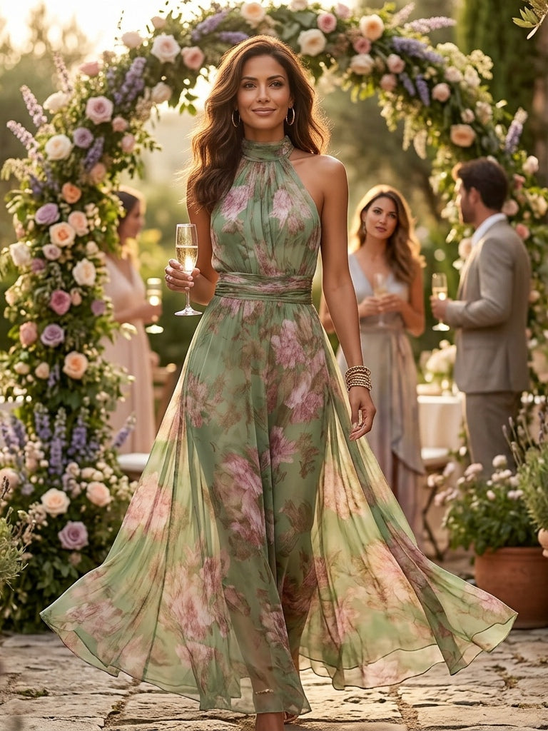 Polly Green Floral Chiffon Halter Maxi Dress Avalabel