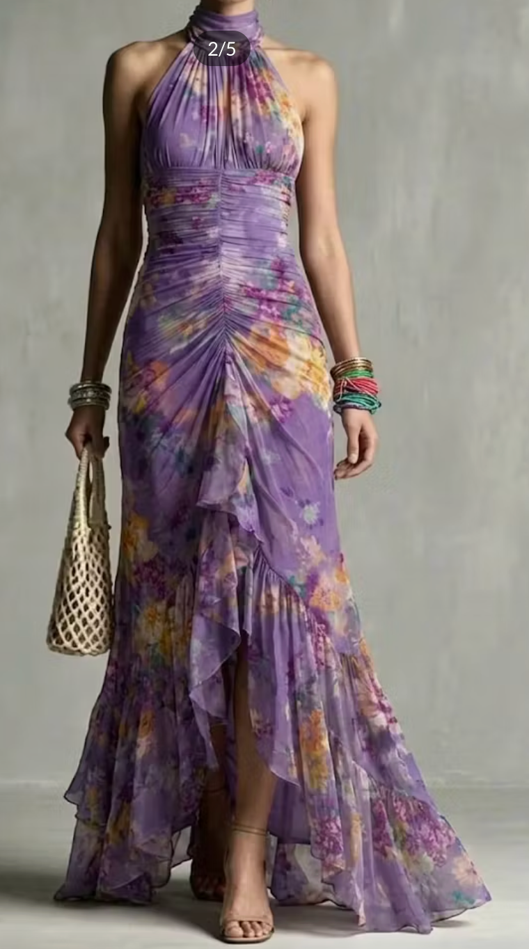 Purple Floral Halter Ruched Maxi Dress Avalabel