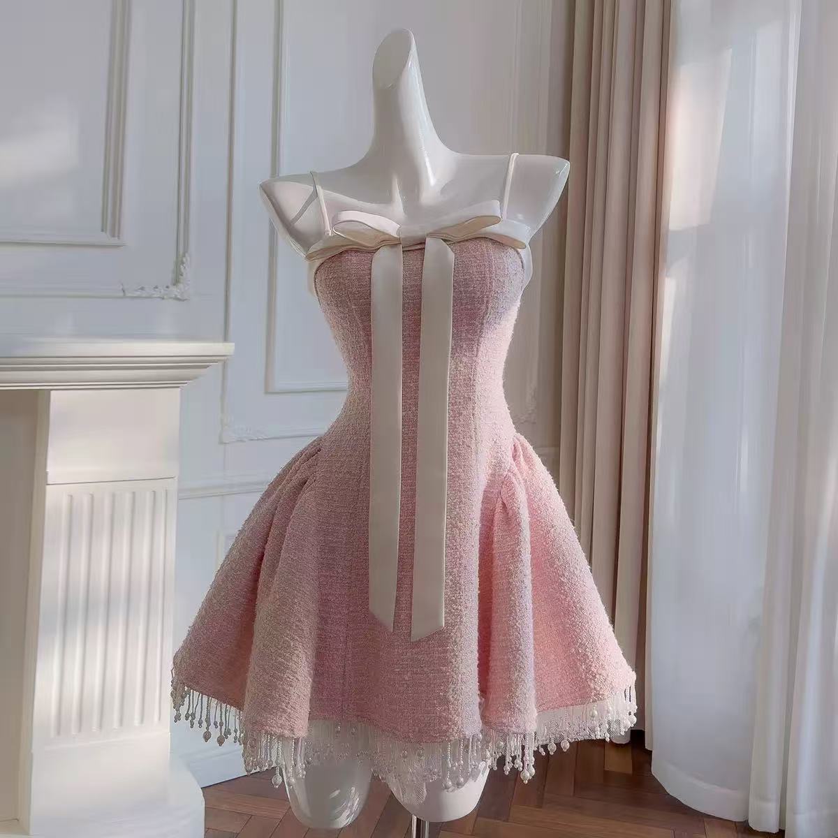 TWEED BOW MINI DRESS IN PINK Avalabel