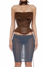 Strapless Wrap Lace-Up Back Brown Corset Top poava