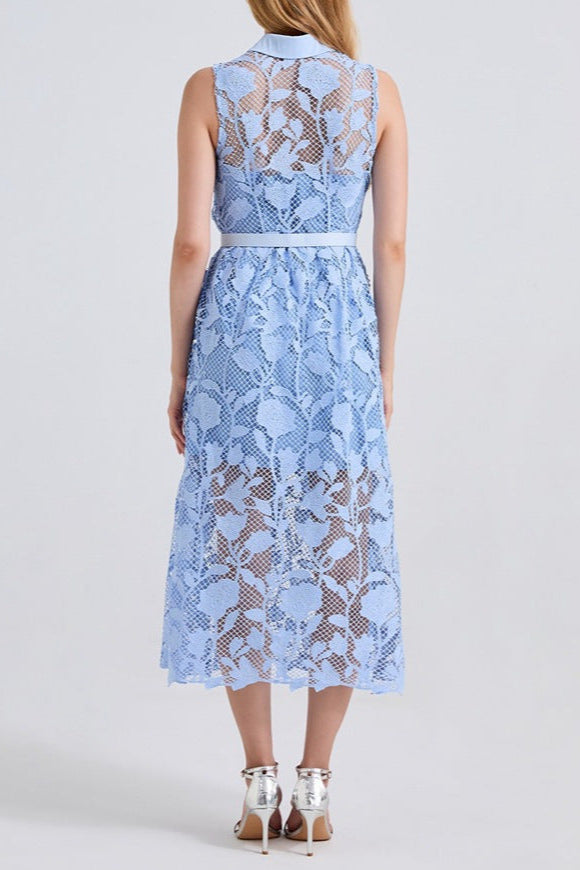 NECKLINE SLEEVELESS PINCHED WAIST MIDI DRESS IN BLUE Avalabel