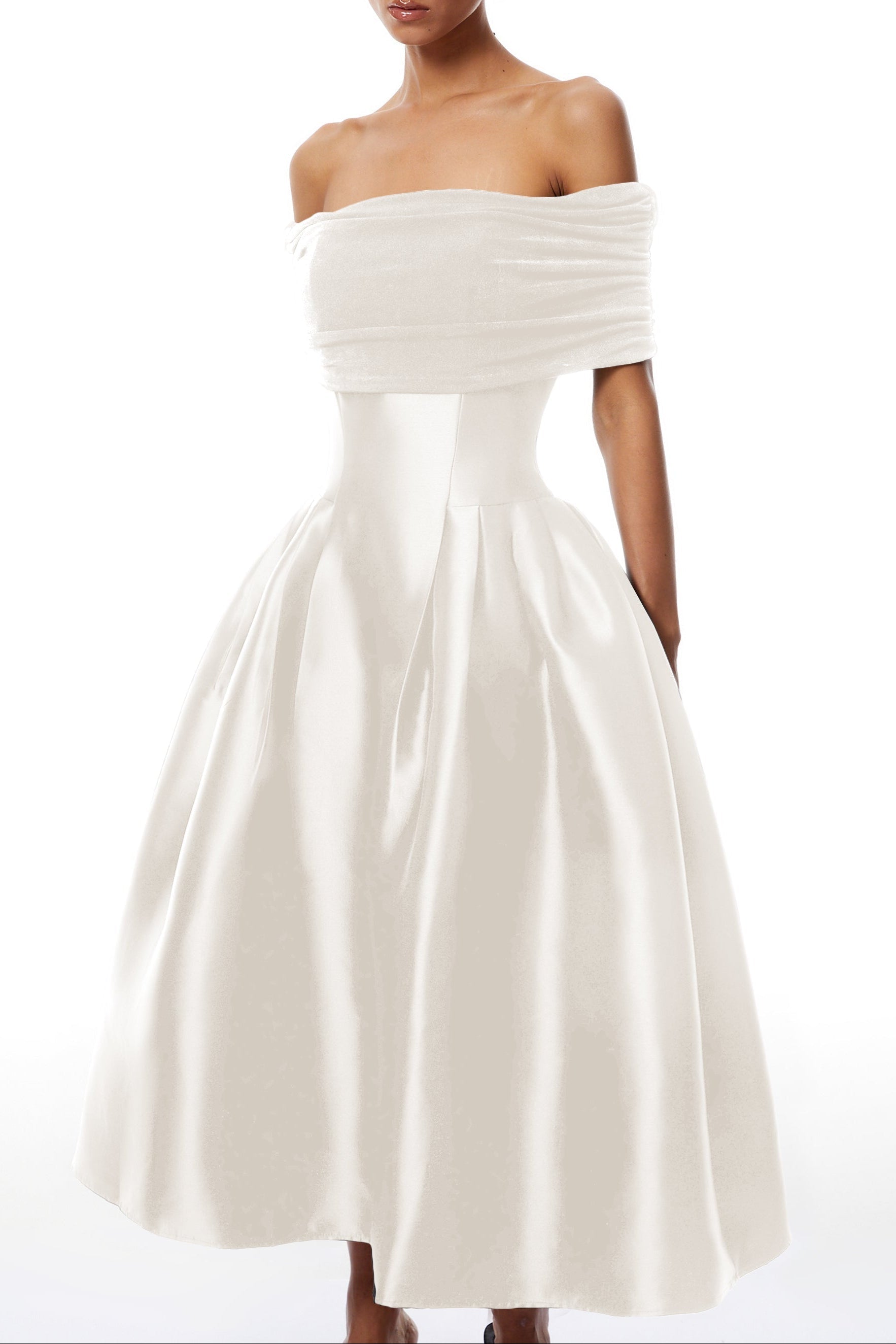 Ainara Off-the-Shoulder Satin White Midi Dress Avalabel