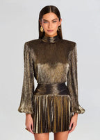 nancy High-necked lantern sleeve pleated mini dress in gold Avalabel
