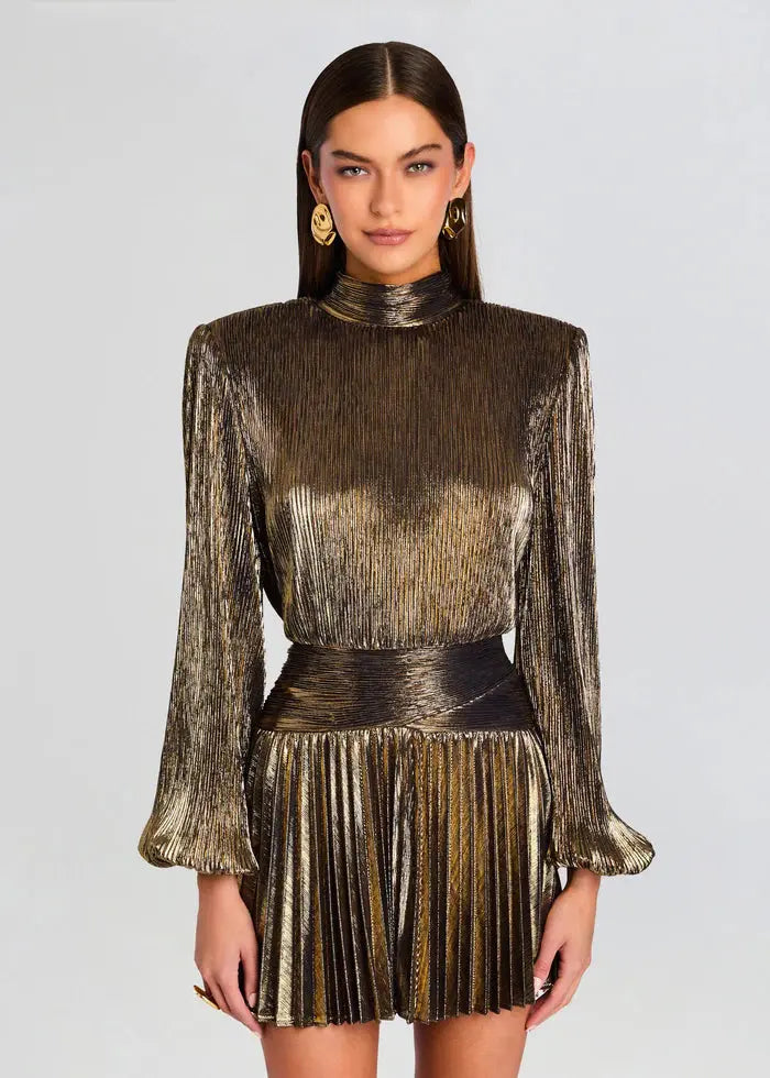 nancy High-necked lantern sleeve pleated mini dress in gold Avalabel