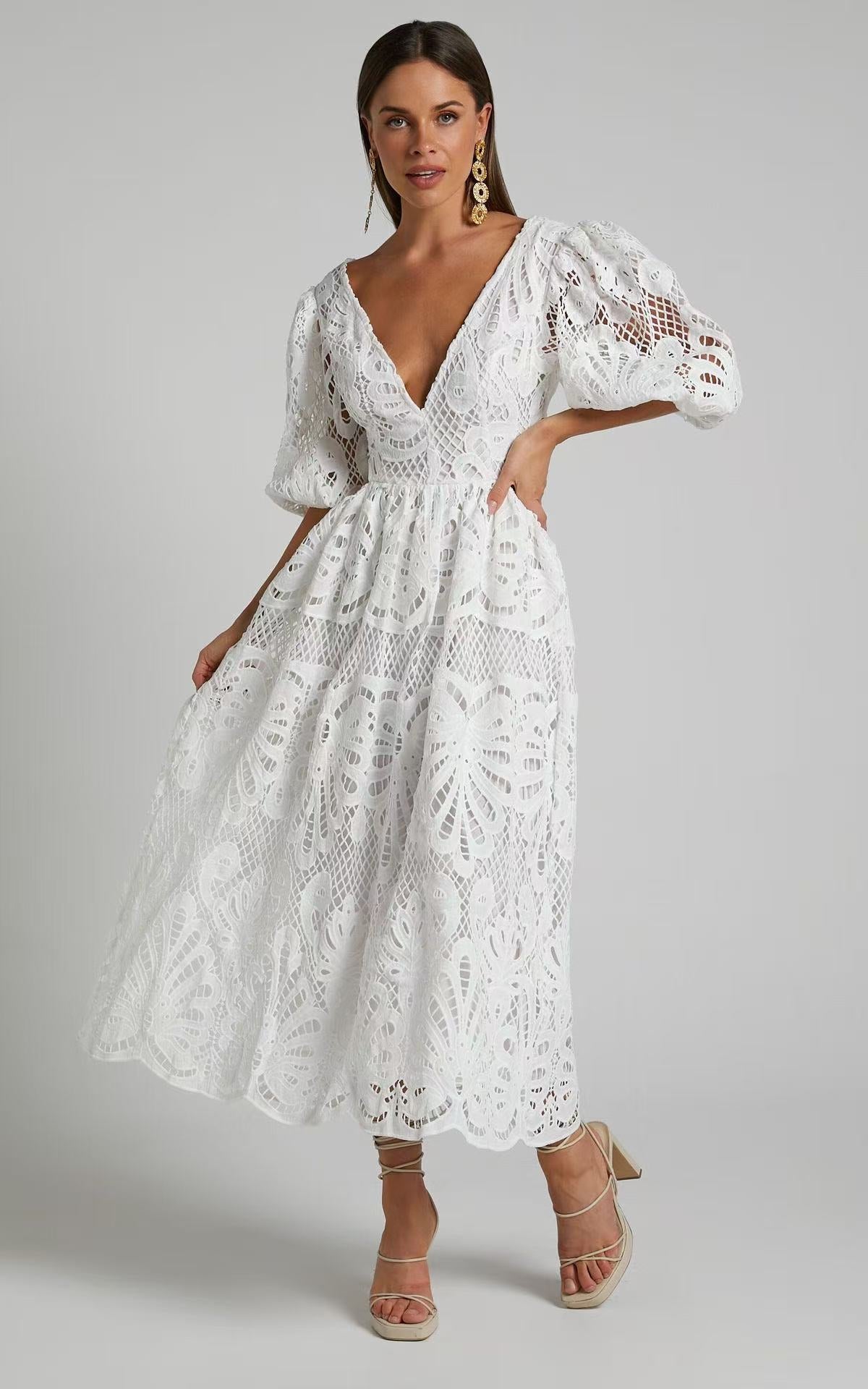 V Neck Cut Out Lace Midi Dress Avalabel