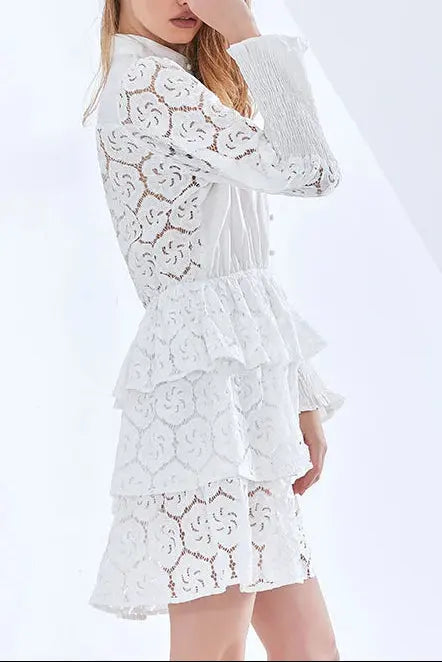 vanessa Long Sleeves Layered Lace Mini Dress in white Avalabel