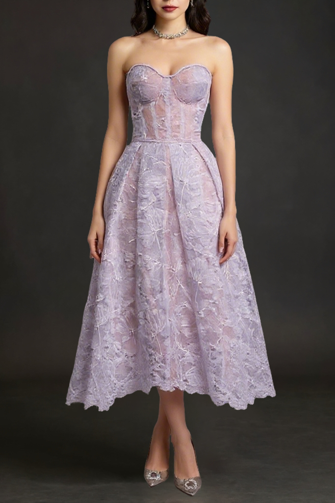 AGNENS Purple Sexy Strapless Embroidered Lace Midi Dress Avalabel