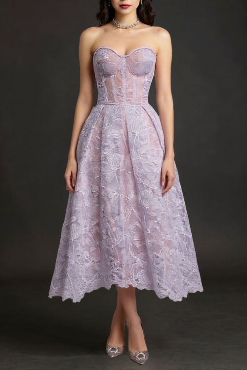 AGNENS Purple Sexy Strapless Embroidered Lace Midi Dress Avalabel