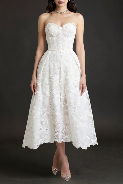 AGNENS White Sexy Strapless Embroidered Lace Midi Dress Avalabel