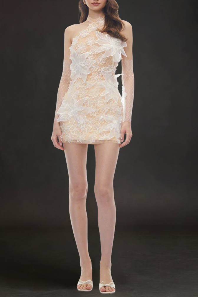 Shirley Champagne Halterneck Mini Dress with 3D Petals Avalabel
