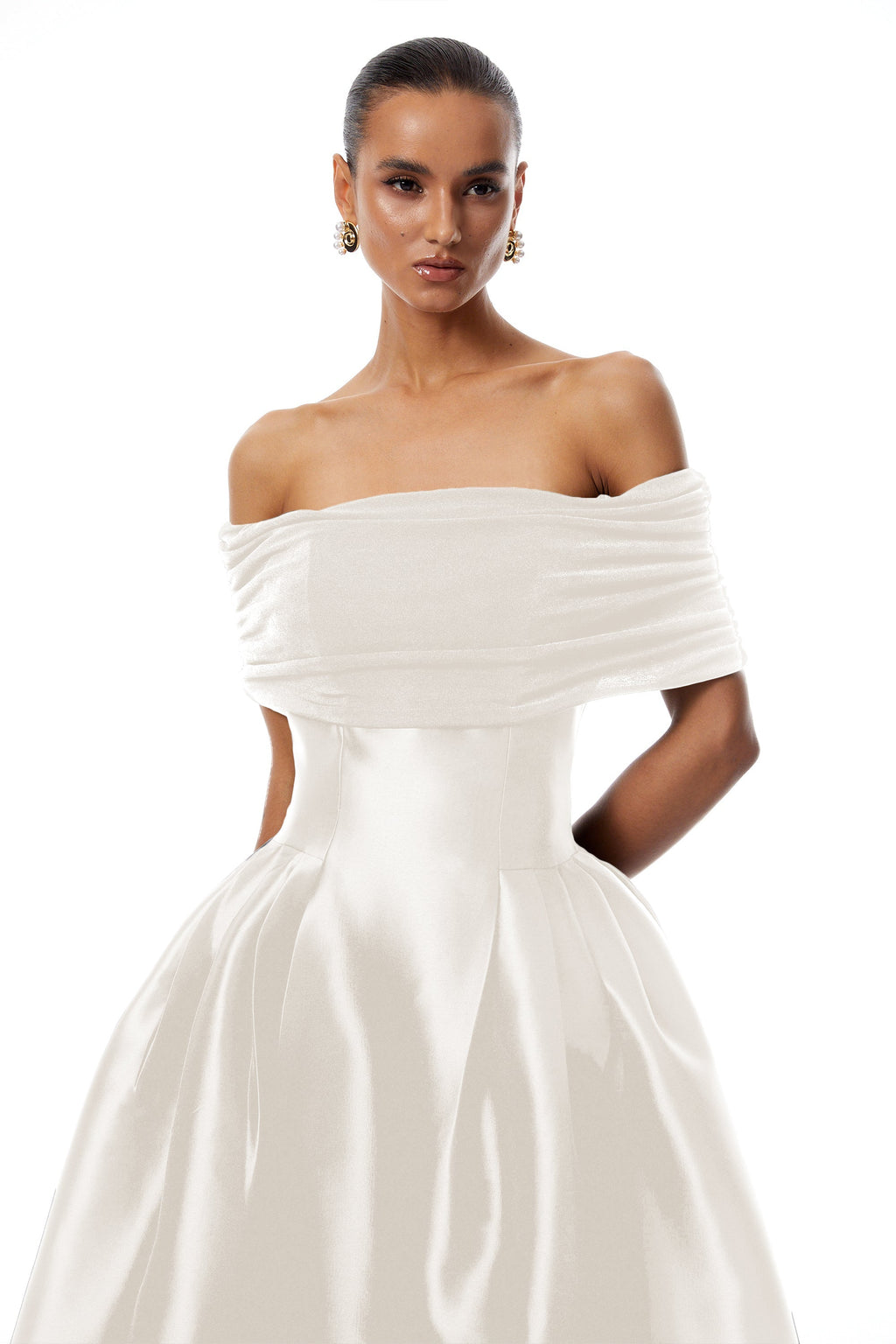 Ainara Off-the-Shoulder Satin White Midi Dress Avalabel