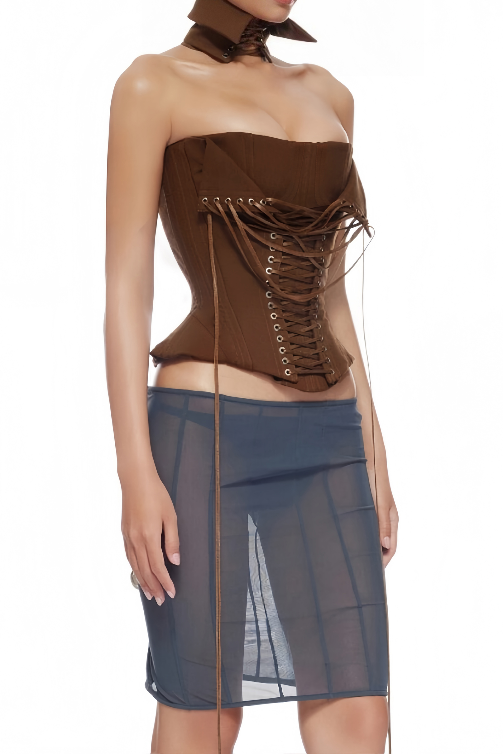 Strapless Wrap Lace-Up Back Brown Corset Top poava