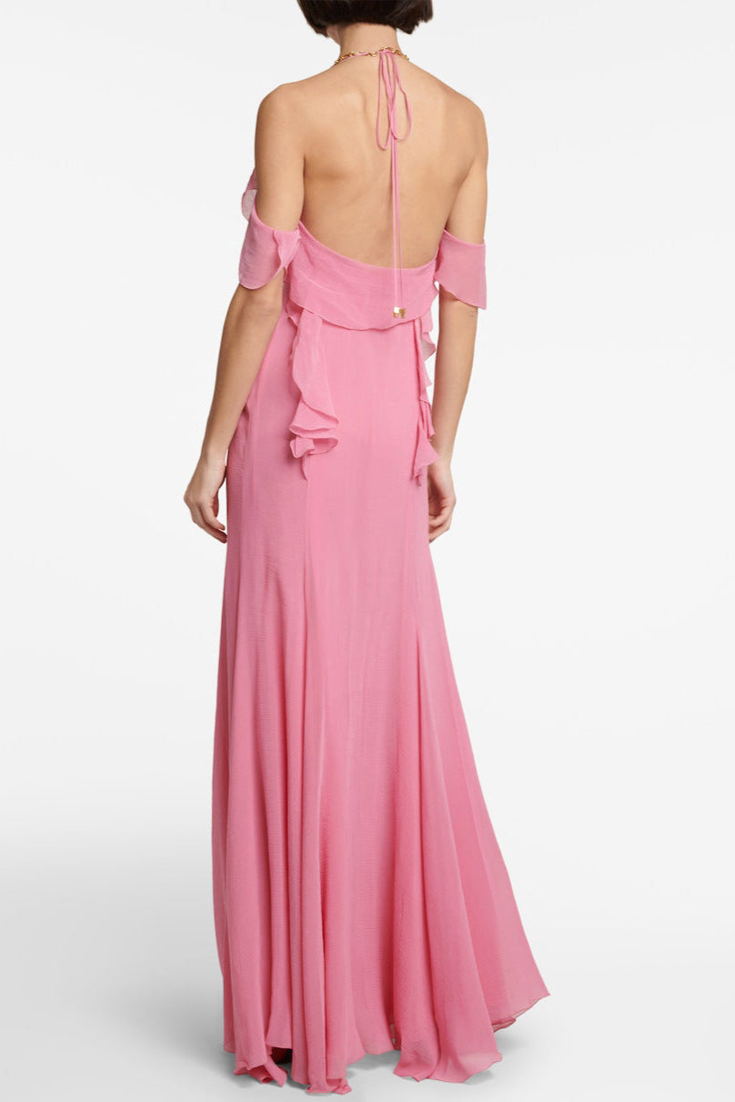 Pink Ruffle Cotton and Silk Maxi Dress Avalabel