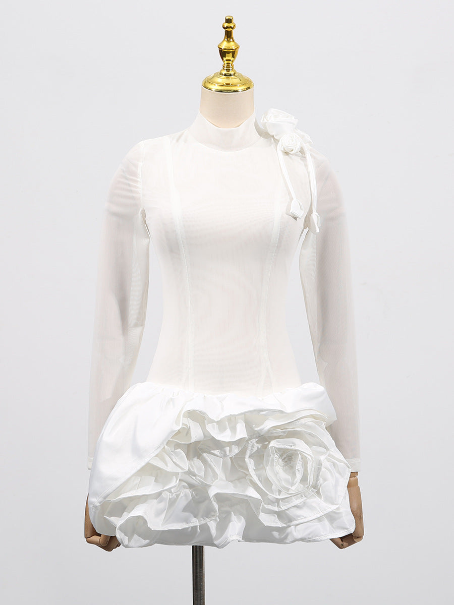 3d Flower Hem Mesh Mini Dress in White Avalabel