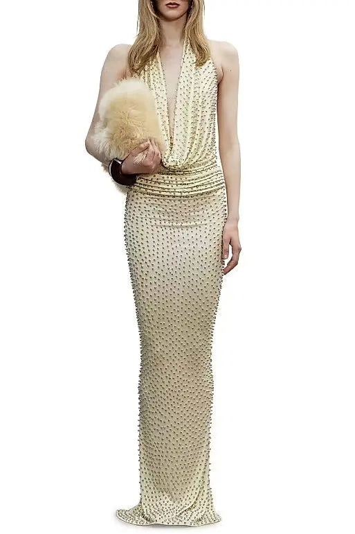 stephanie beading embellished halter backless maxi dress in Butter Avalabel