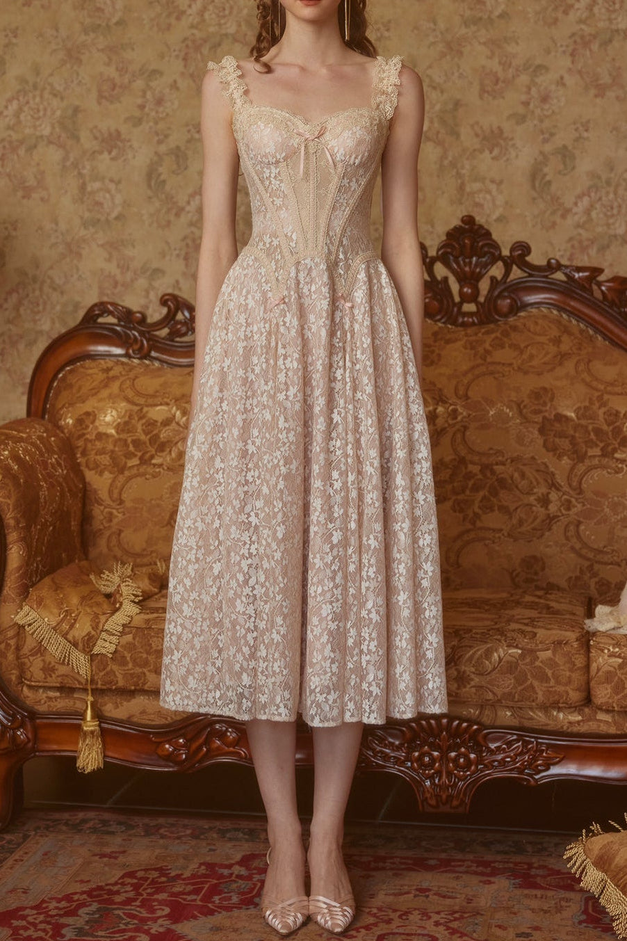 aurora lace floral embroidery midi dress in nude