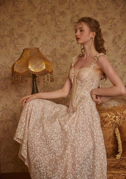 aurora lace floral embroidery midi dress in nude