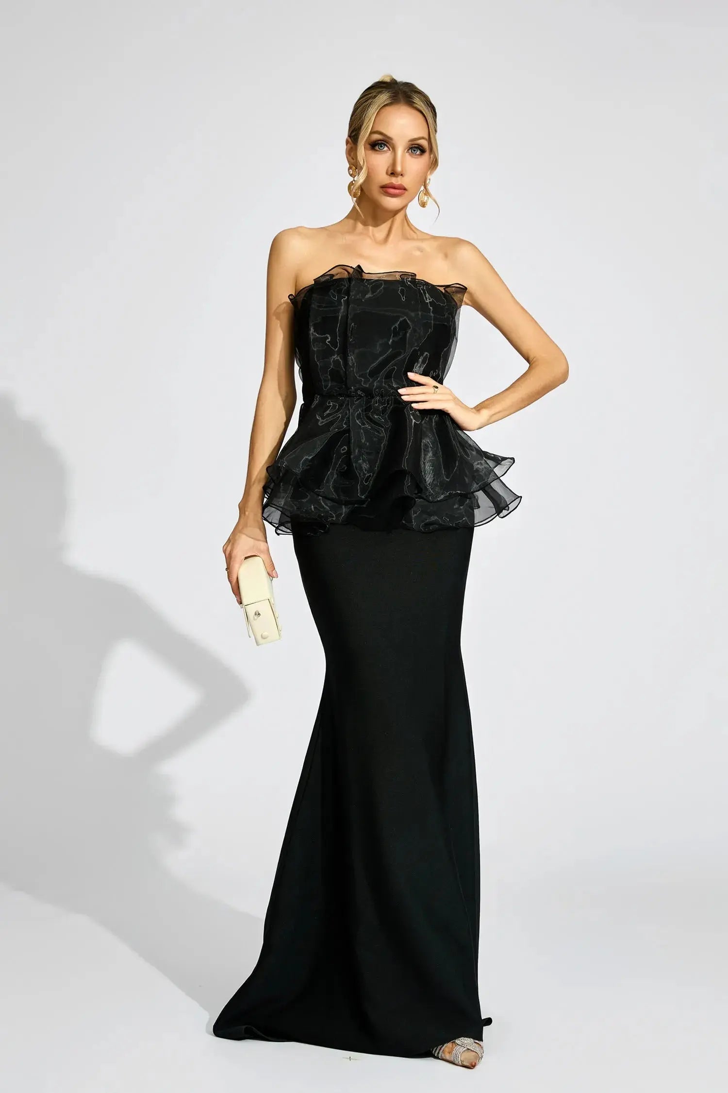 lorraine Black Peplum strapless maxi Dress Avalabel