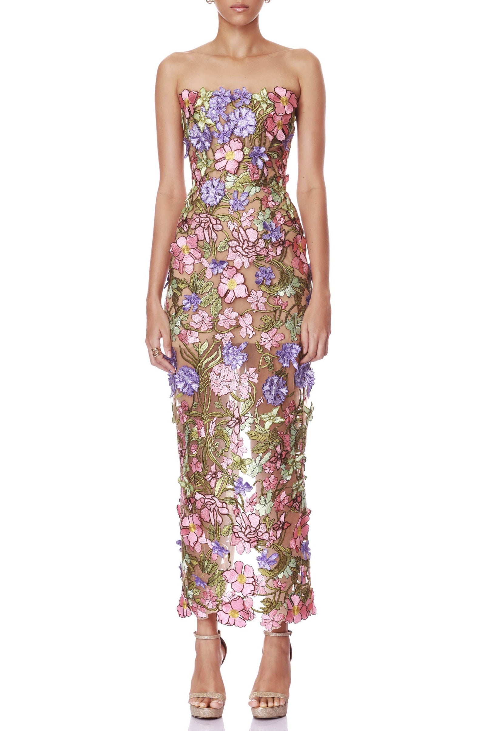 Eudora Multicolored Iris Floral Embroidery Strapless Maxi Dress Avalabel