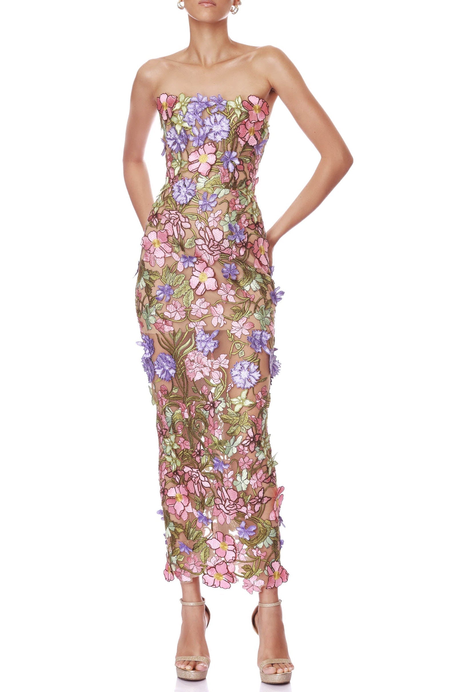 Eudora Multicolored Iris Floral Embroidery Strapless Maxi Dress Avalabel