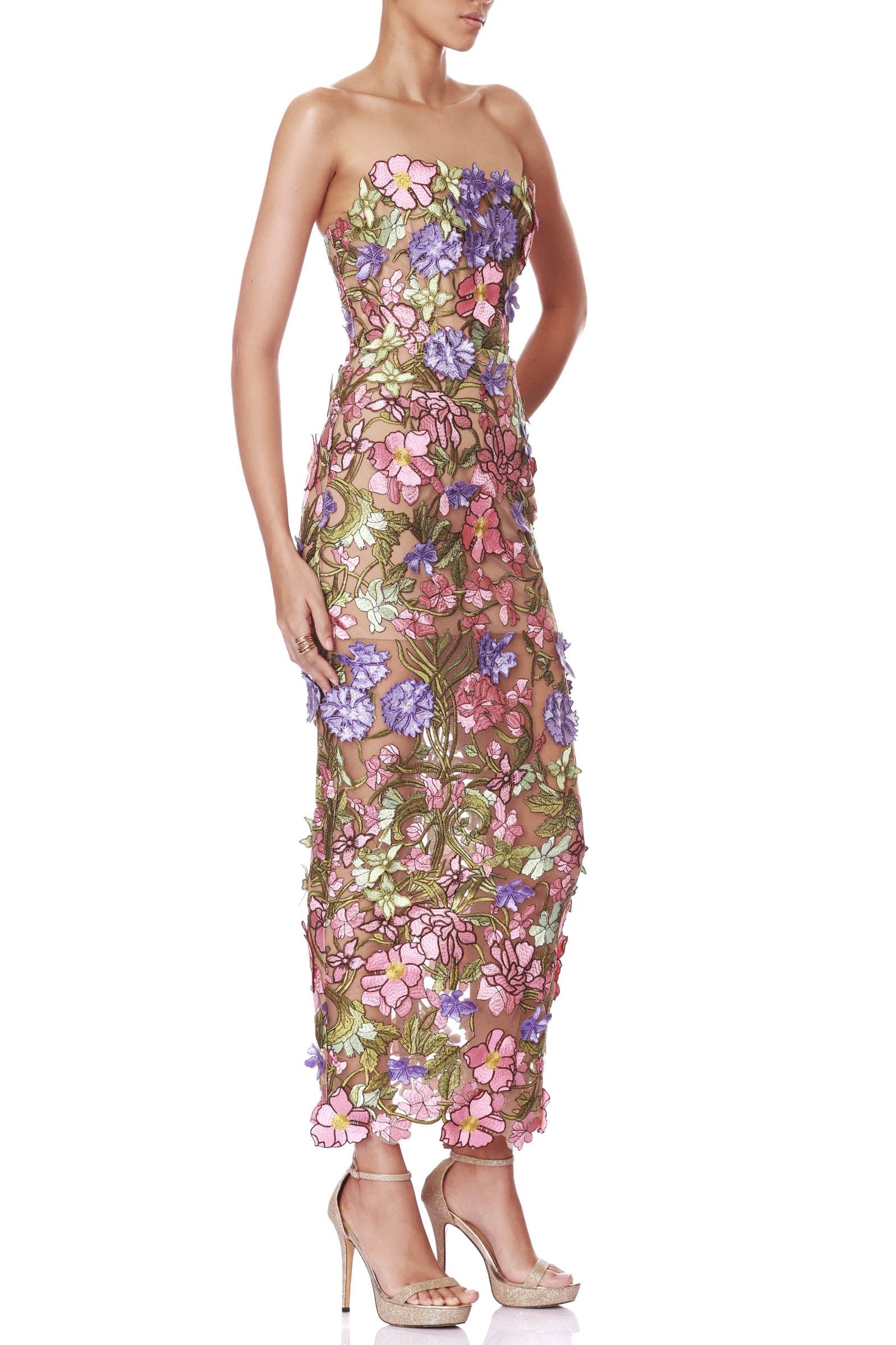 Eudora Multicolored Iris Floral Embroidery Strapless Maxi Dress Avalabel