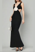 Flower V-Neck Hollow Out Maxi Dress in Black Avalabel